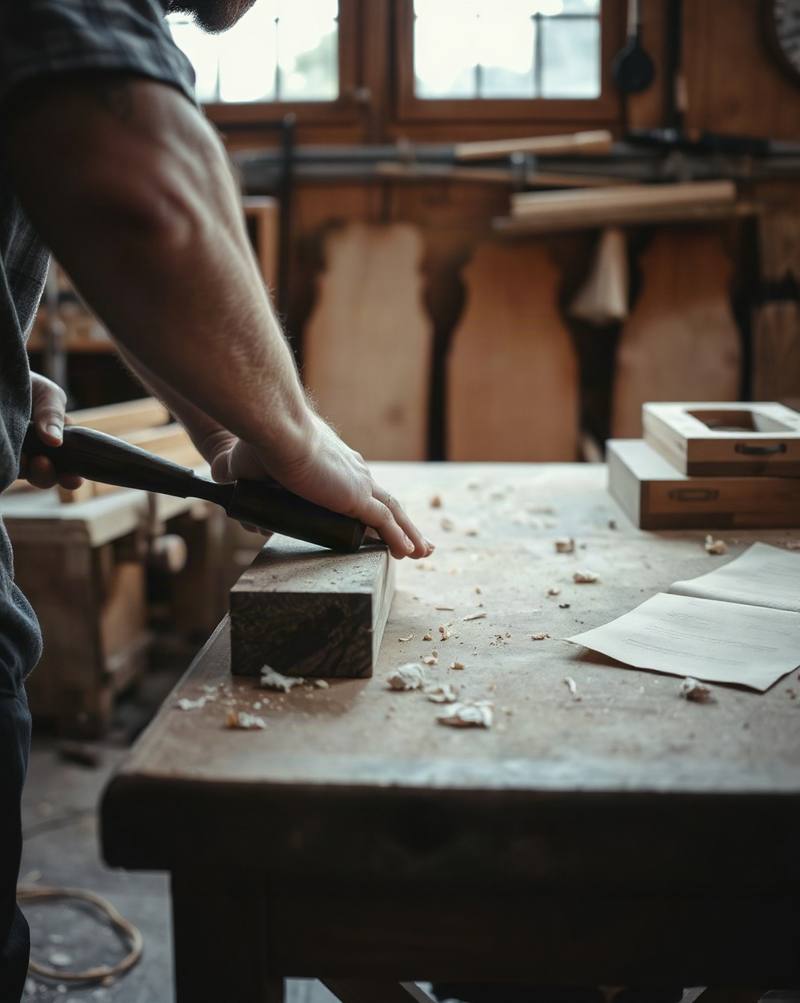 Un menuisier cisèle le bois dans un atelier lumineux avec des outils et des copeaux visibles.