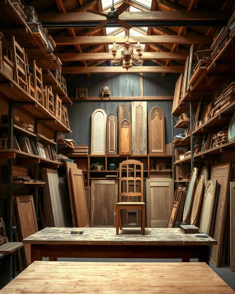 Atelier de menuiserie avec établis, portes en bois, étagères et lustre vintage
