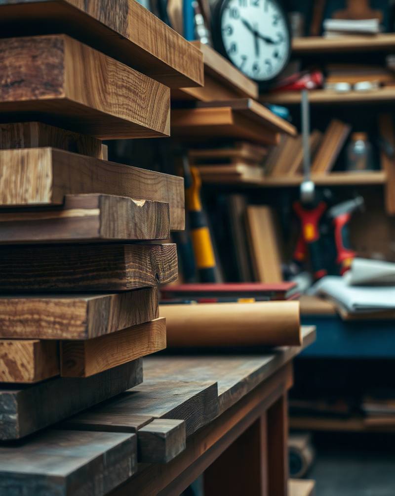 Piles de planches de bois dans un atelier avec outils et horloge en arrière-plan.