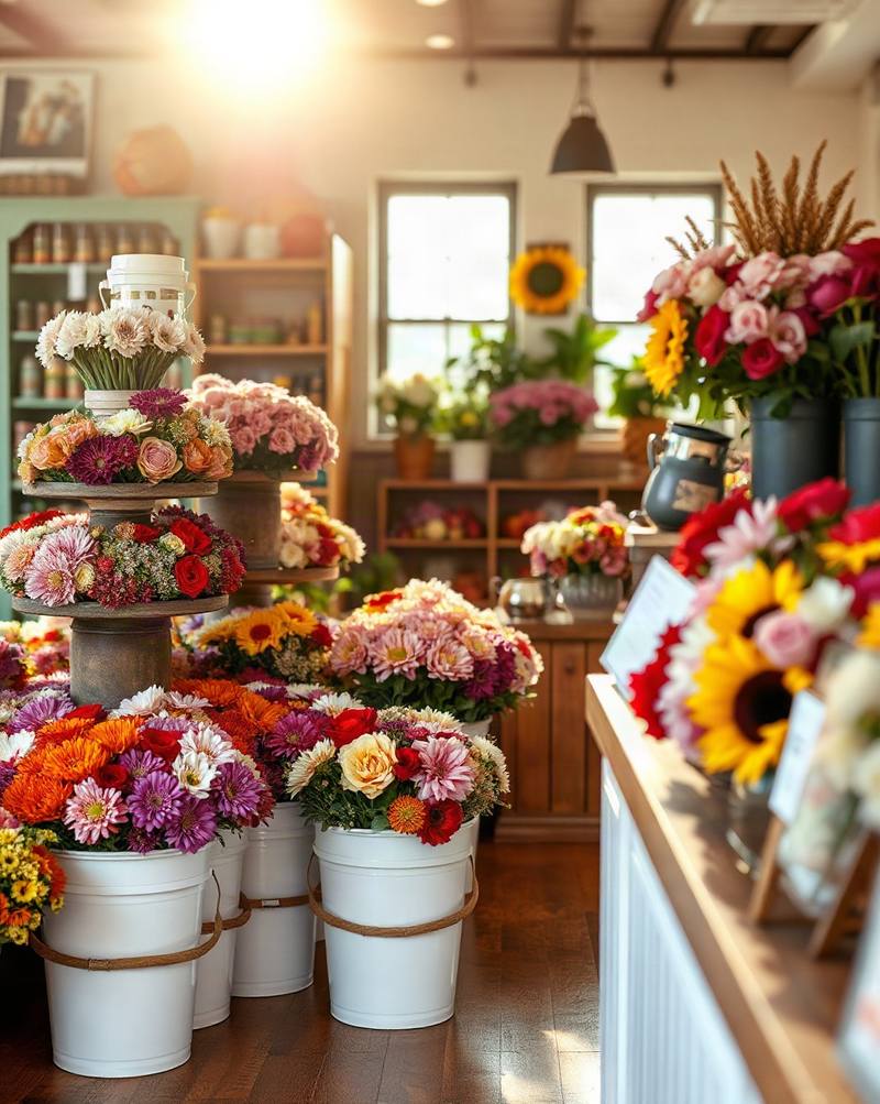 Un magasin de fleurs ensoleillé avec des bouquets colorés en pots blancs et compositions étagées.