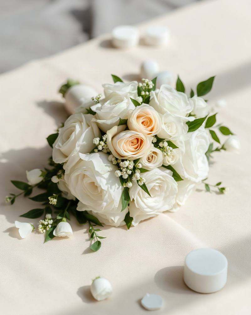 Bouquet de mariage blanc et pêche avec roses, baby's breath et feuillage sur surface claire.