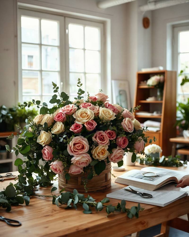Un grand bouquet de roses roses et crème dans un vase en bois sur un bureau ensoleillé