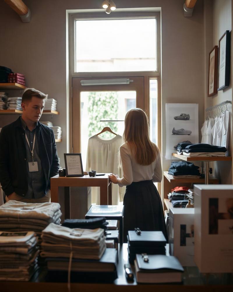 Un vendeur accueille une cliente dans une boutique de vêtements bien éclairée avec étagères en bois.