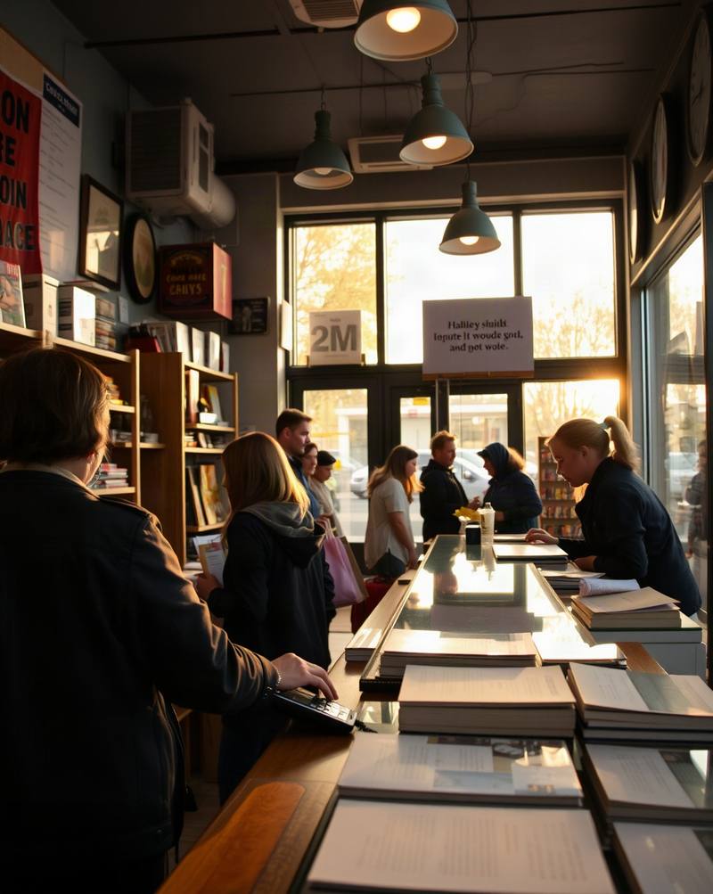 Intérieur de librairie avec clients, étagères de livres, comptoir et lumière naturelle du jour.