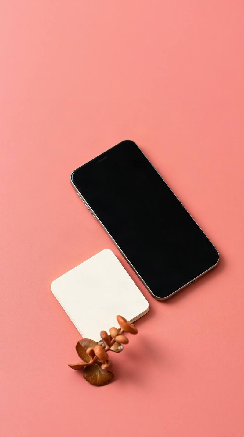 Un téléphone noir et un carnet blanc sur fond rose avec une fleur séchée dorée.