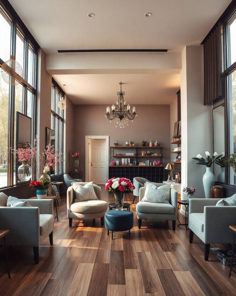 Un salon élégant avec fauteuils gris, murs roses et grandes fenêtres lumineuses.
