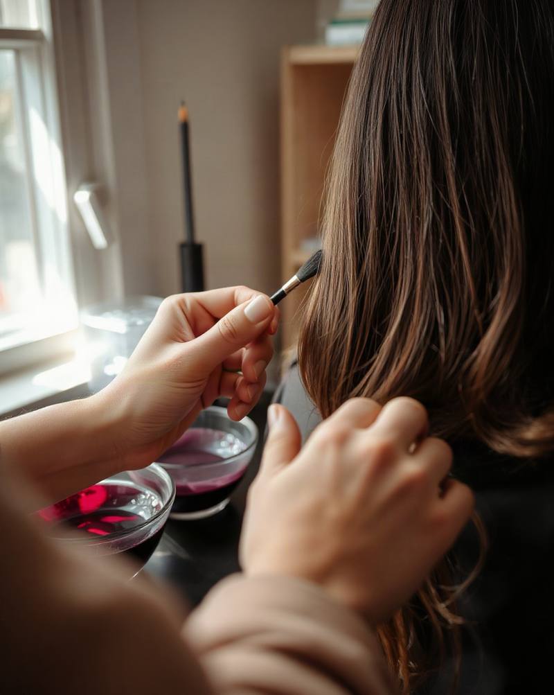 Une personne applique du vernis à ongles rouge sur les cheveux longs bruns près d'une fenêtre ensoleillée.