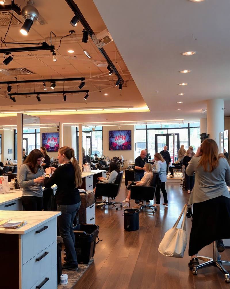 Un salon de coiffure moderne avec clients et coiffeurs, éclairage chaleureux et miroirs
