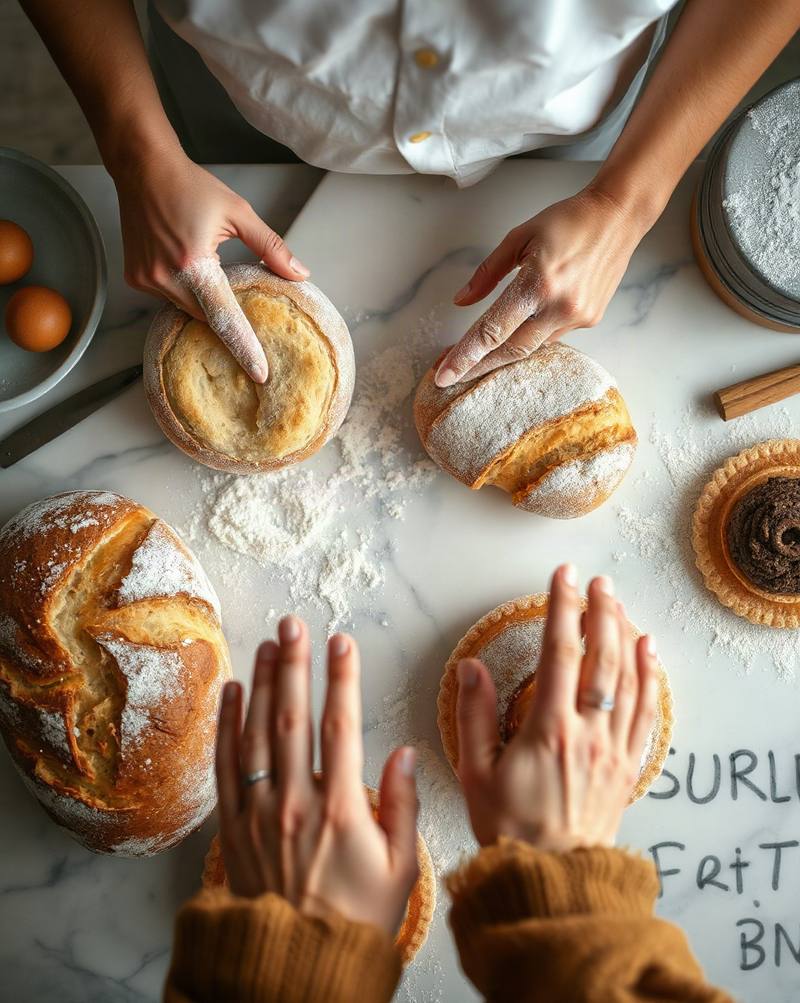 Des mains saupoudrent de farine des pains artisanaux sur un plan de travail en marbre blanc.
