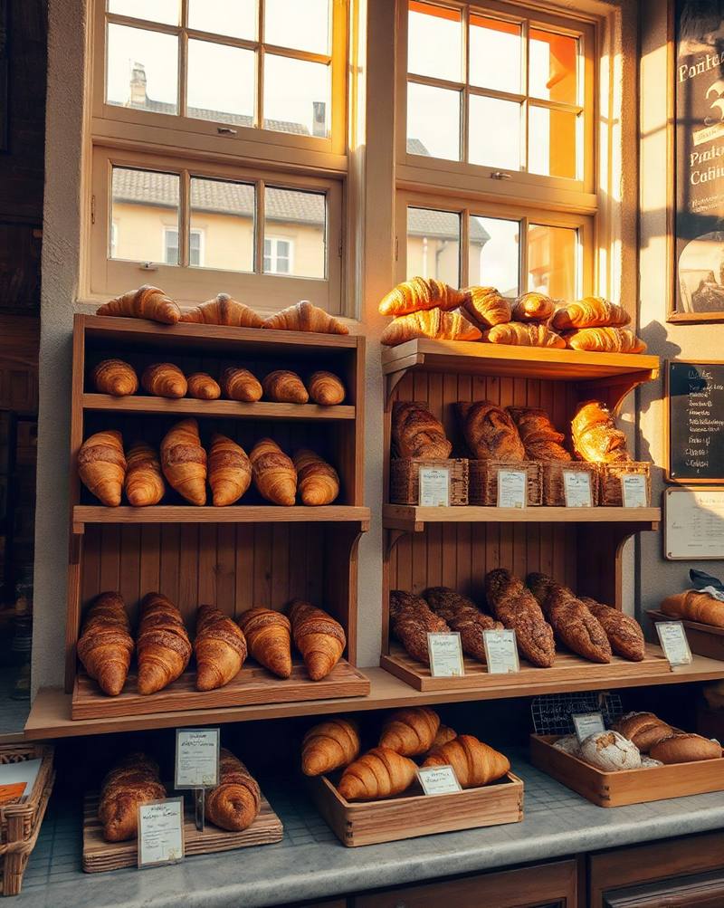 Vitrine de boulangerie avec croissants et pains dorés sur étagères en bois, lumière chaude du soir.