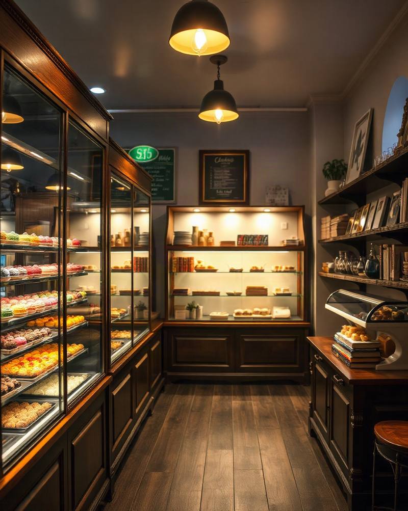 Petite boulangerie élégante avec vitrines éclairées, pâtisseries et mobilier bois foncé.