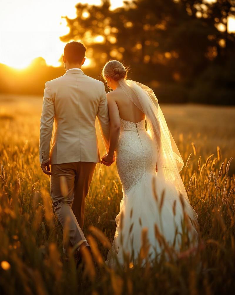 Bride and groom holding hands walking through golden wheat field at sunset