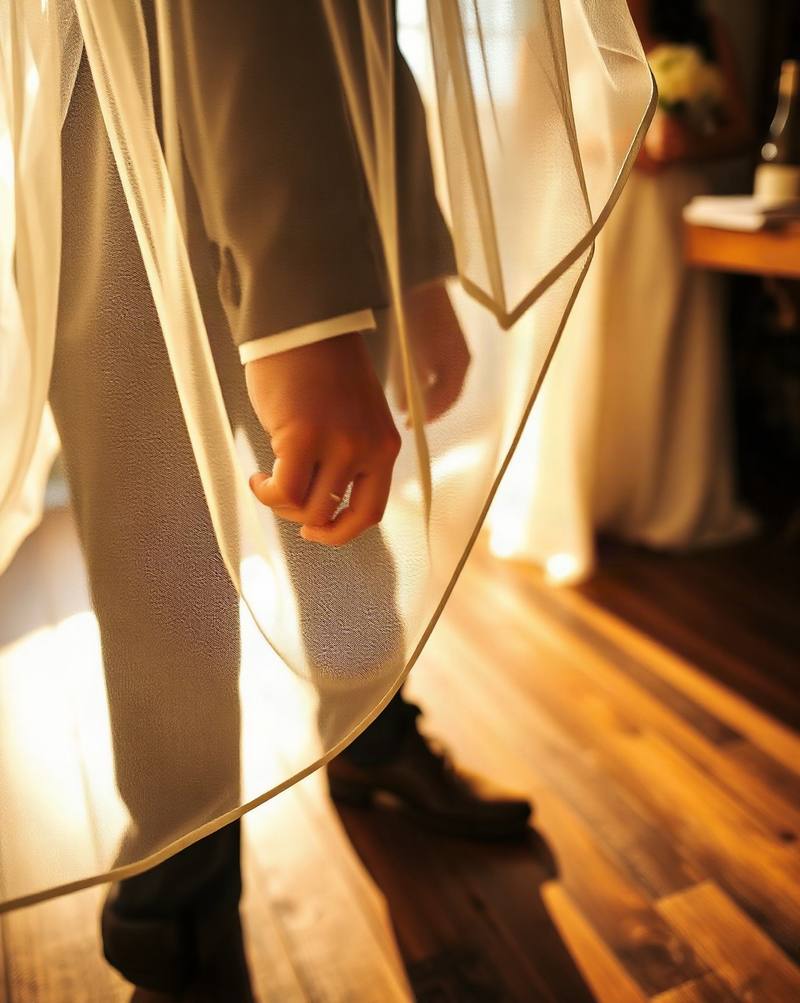Child's hand holding sheer white fabric in warm, golden sunlight indoors.