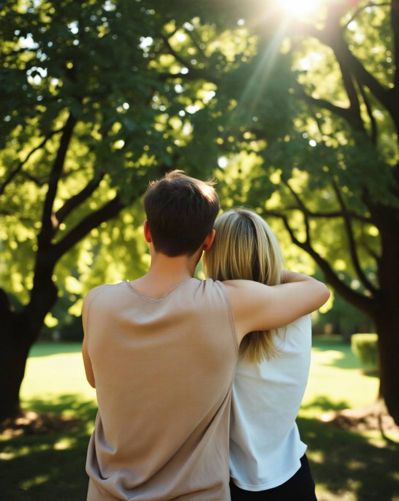A couple embraces under sunlit trees in a park, viewed from behind.
