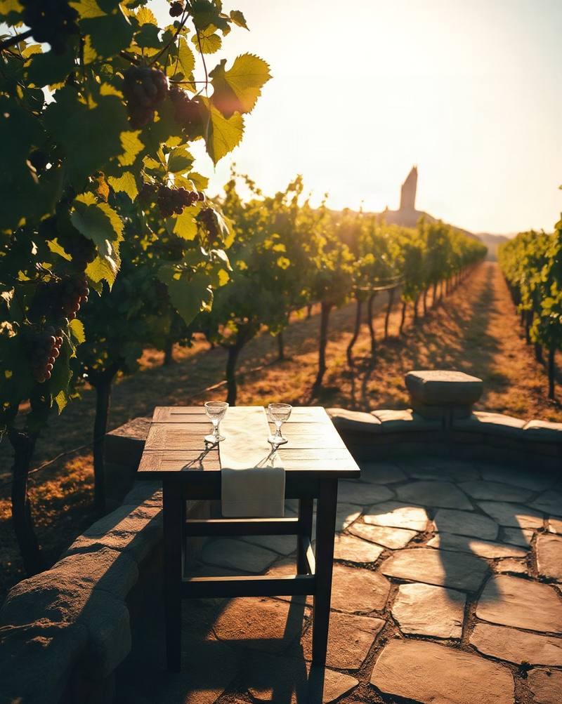 A wooden table with wine glasses overlooks sunlit vineyard rows at golden hour.