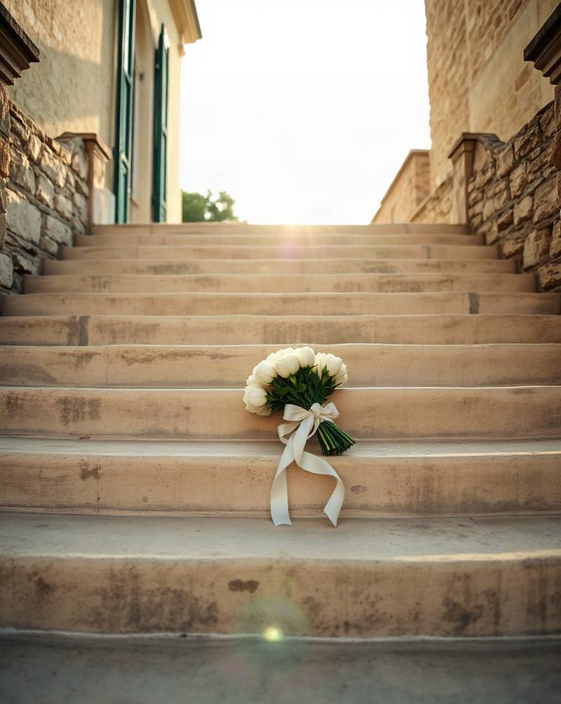 White rose bouquet with ribbon sits on stone steps leading upward toward sunlight.