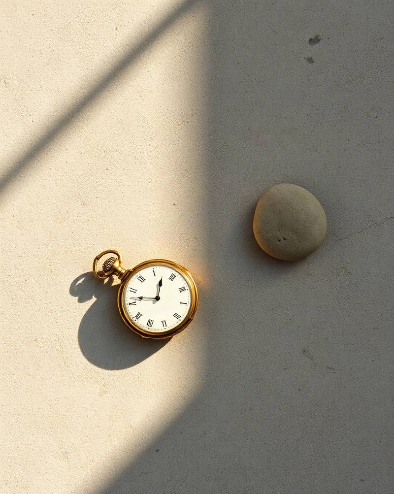 Gold pocket watch showing three o'clock and smooth stone on beige surface with diagonal shadow.