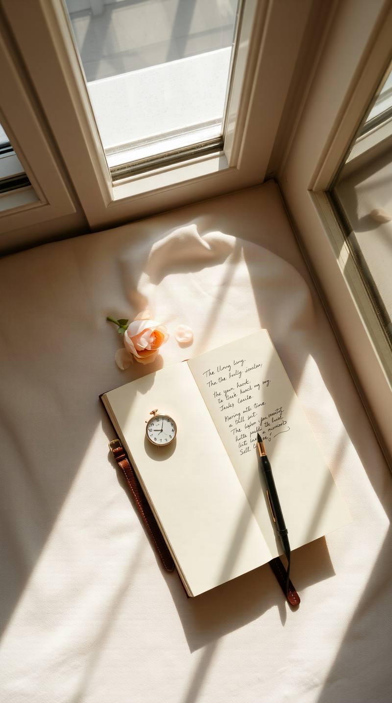 Sunlit notebook with handwritten pages, watch, pen, and peach flower on white cloth by window.