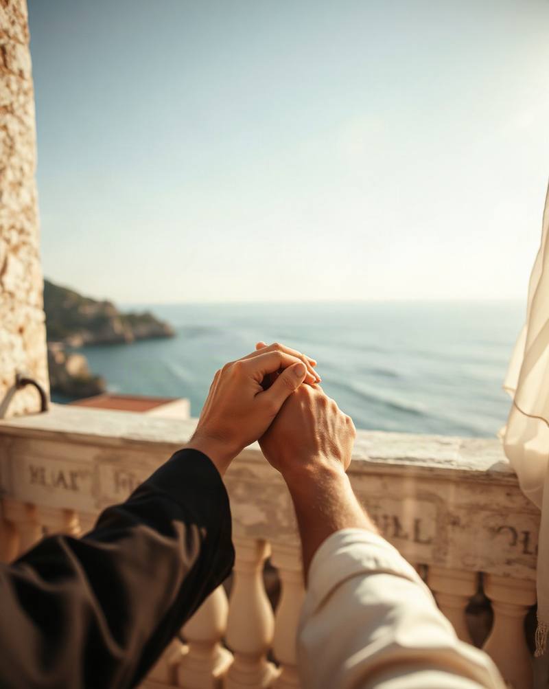 Couple holding hands overlooking sea from stone terrace at golden hour sunset