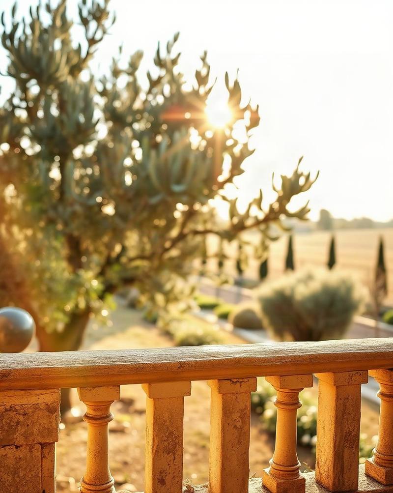 Wooden terracotta balustrade overlooking sun-lit Mediterranean garden with cypress trees at golden hour