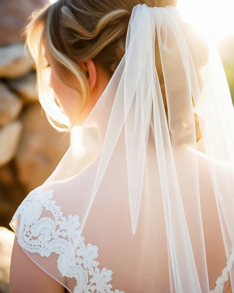 Bride in white lace dress with flowing veil, backlit by warm golden sunlight