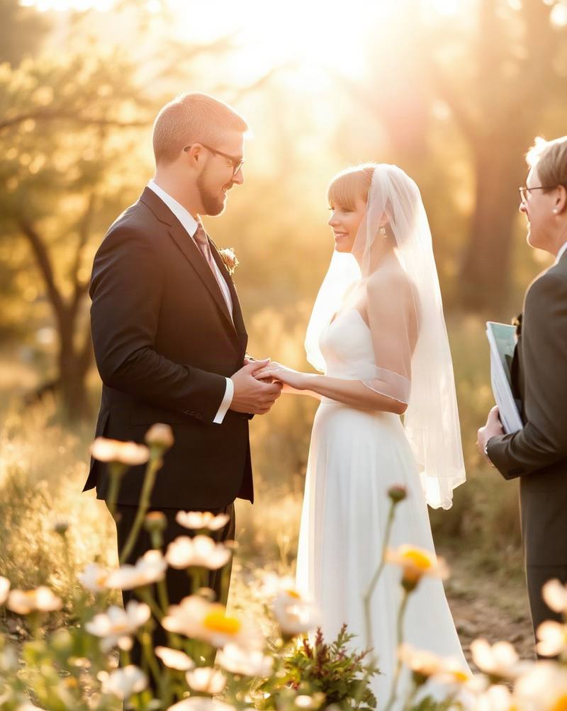 Groom and bride exchange vows at sunset outdoor wedding ceremony surrounded by flowers.