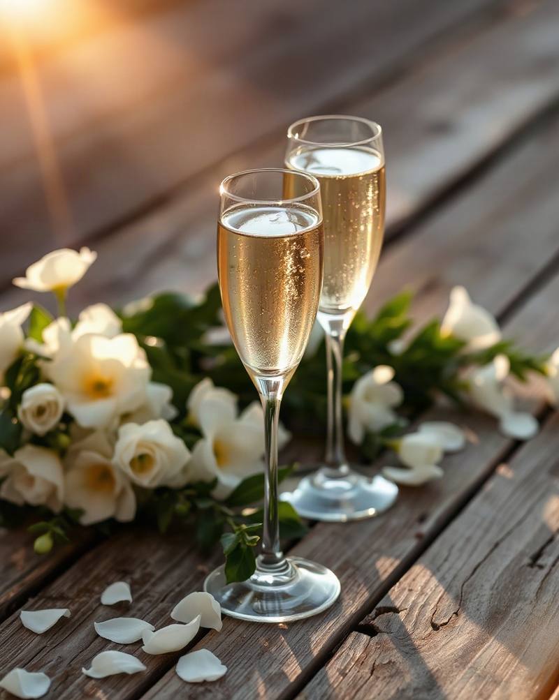Two champagne flutes with white flowers and petals on wooden surface in golden sunlight.