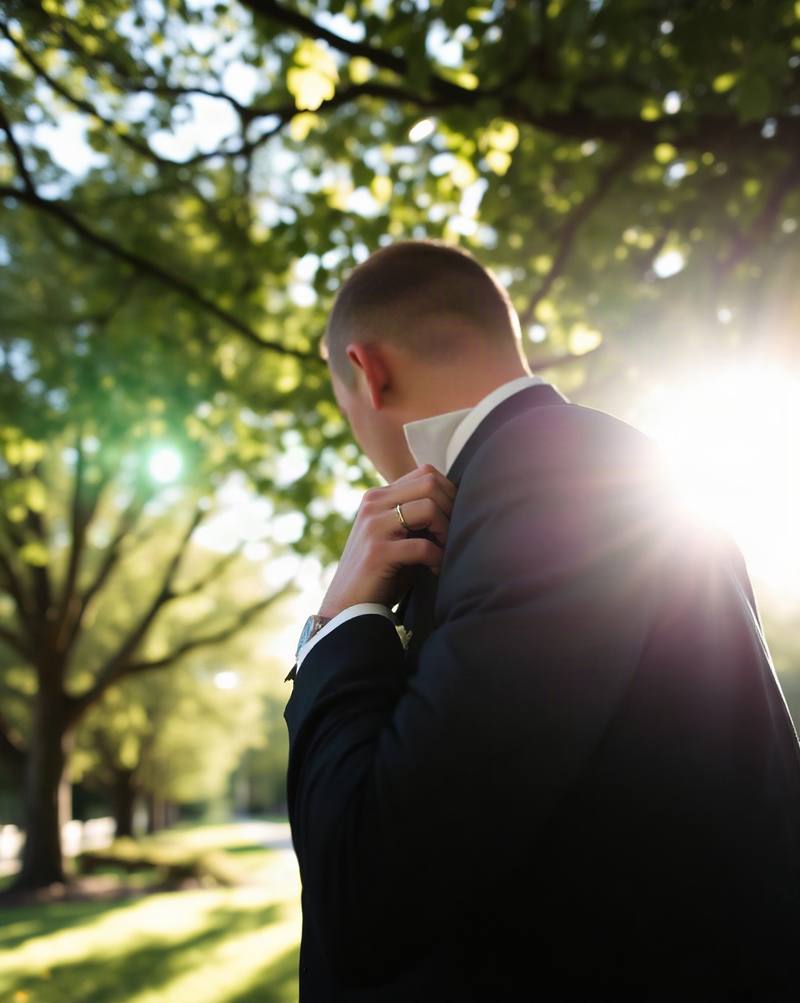 Man in suit adjusting tie under sunlit trees in park setting.