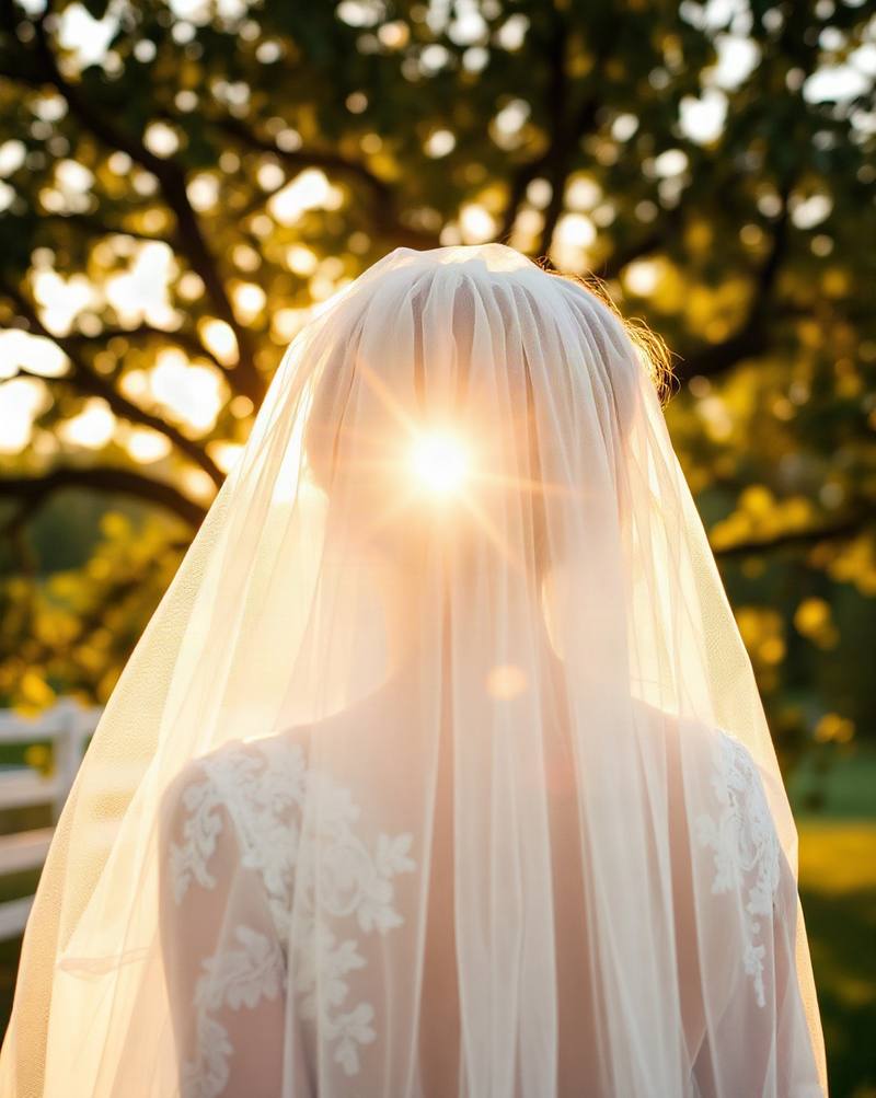 Bride in white veil backlit by golden sunlight with blooming trees behind her.