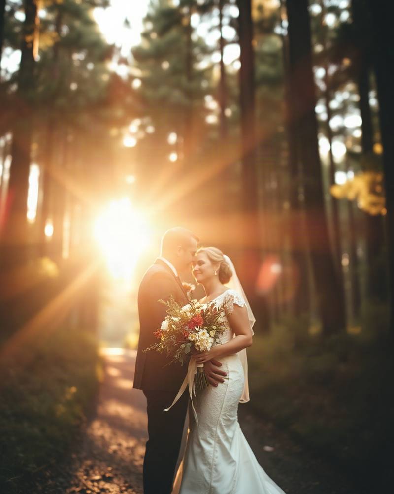 Bride and groom embrace on forest path with golden sunlight filtering through tall trees.