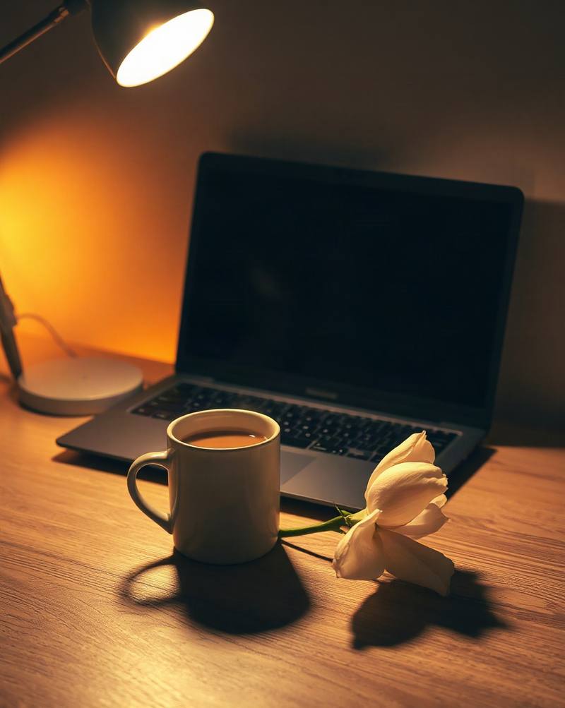 Coffee mug and white flowers beside laptop on wooden desk under warm lamp light.