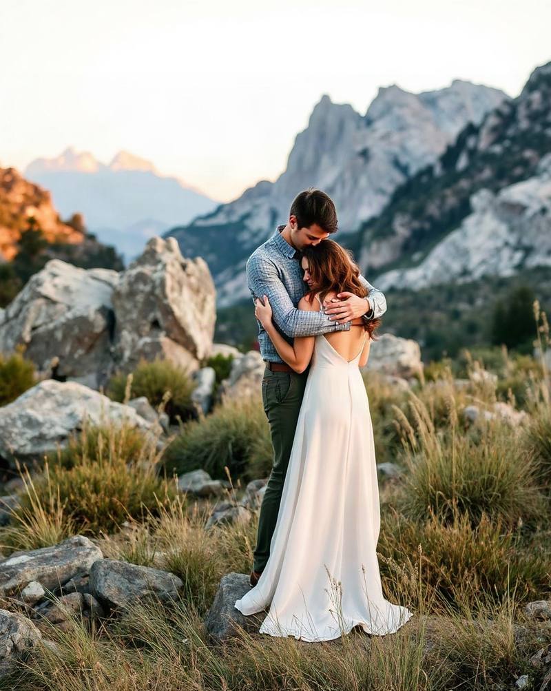 Couple embracing in mountain landscape at golden hour with rocky peaks and valley behind.