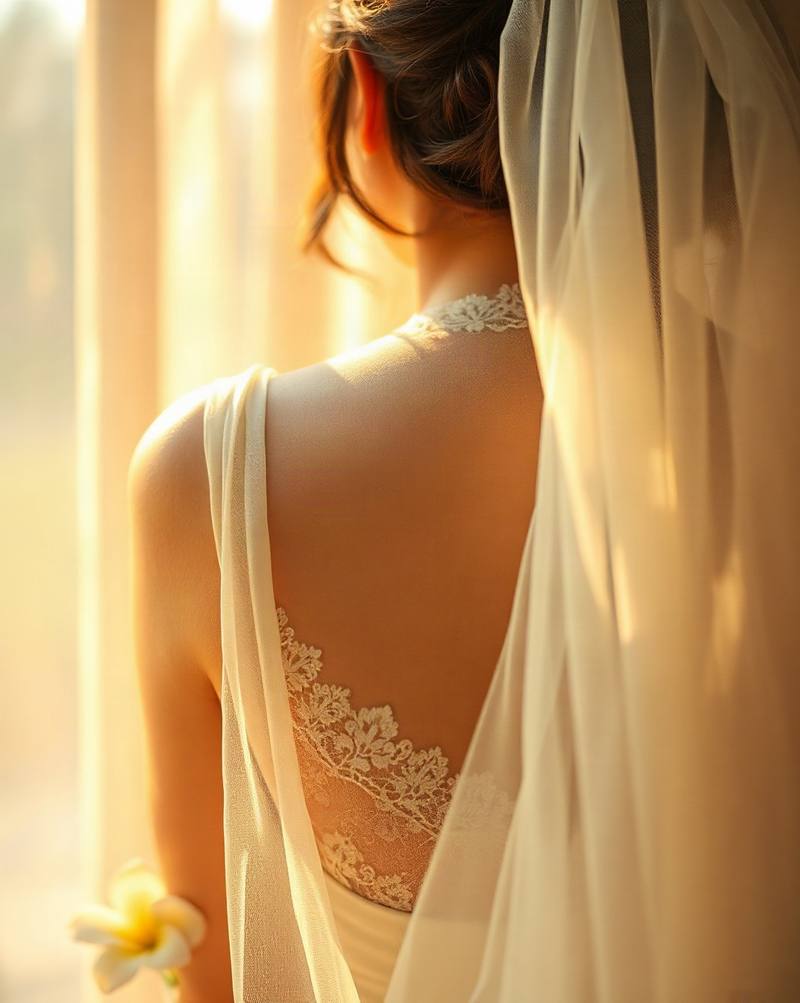 Bride in white lace dress with sheer veil, backlit by warm golden sunlight from window.