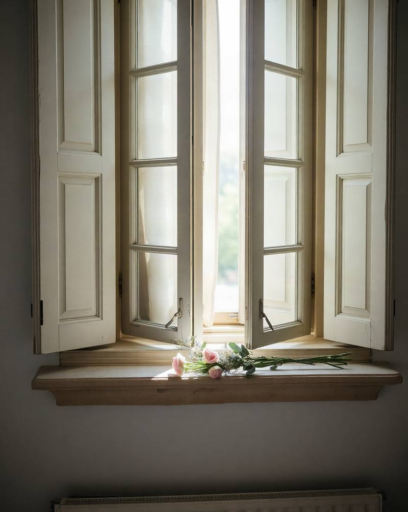 Open white wooden shutters frame a window with pink flowers on wooden sill, bright daylight streaming through.