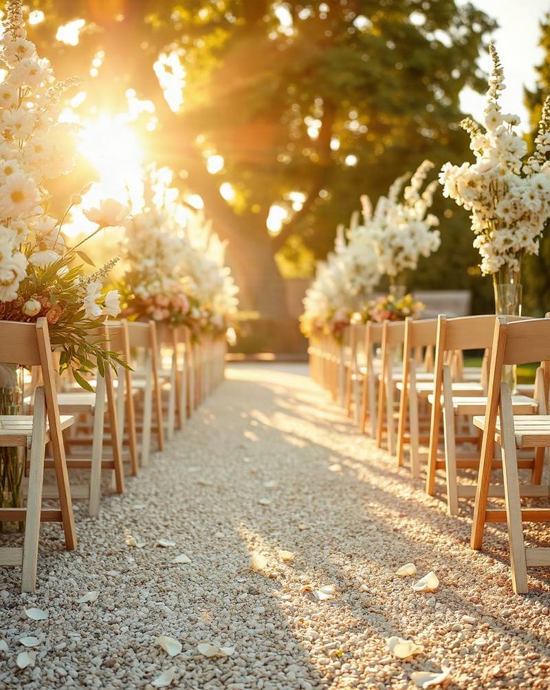 Golden sunset illuminates outdoor wedding aisle lined with white flowers and wooden chairs.