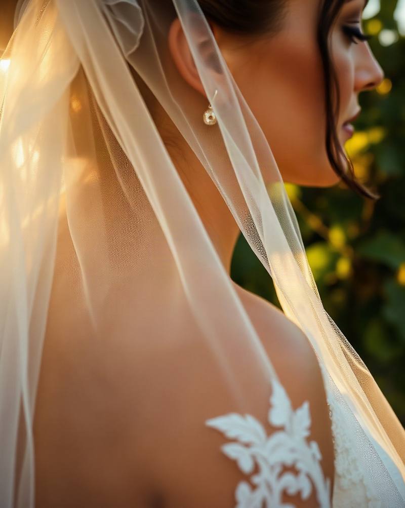 Bride wearing delicate veil with teardrop earring, yellow flowers visible behind in golden sunlight.