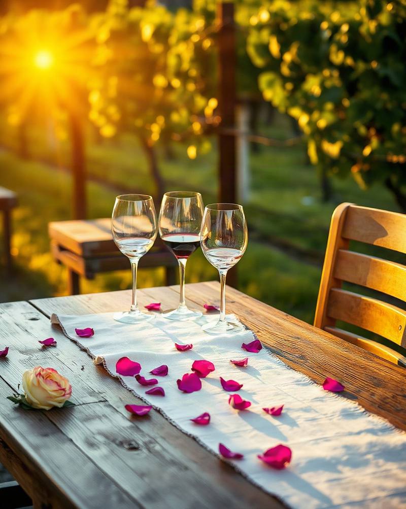 Three wine glasses and rose petals on wooden table at golden hour in garden setting.