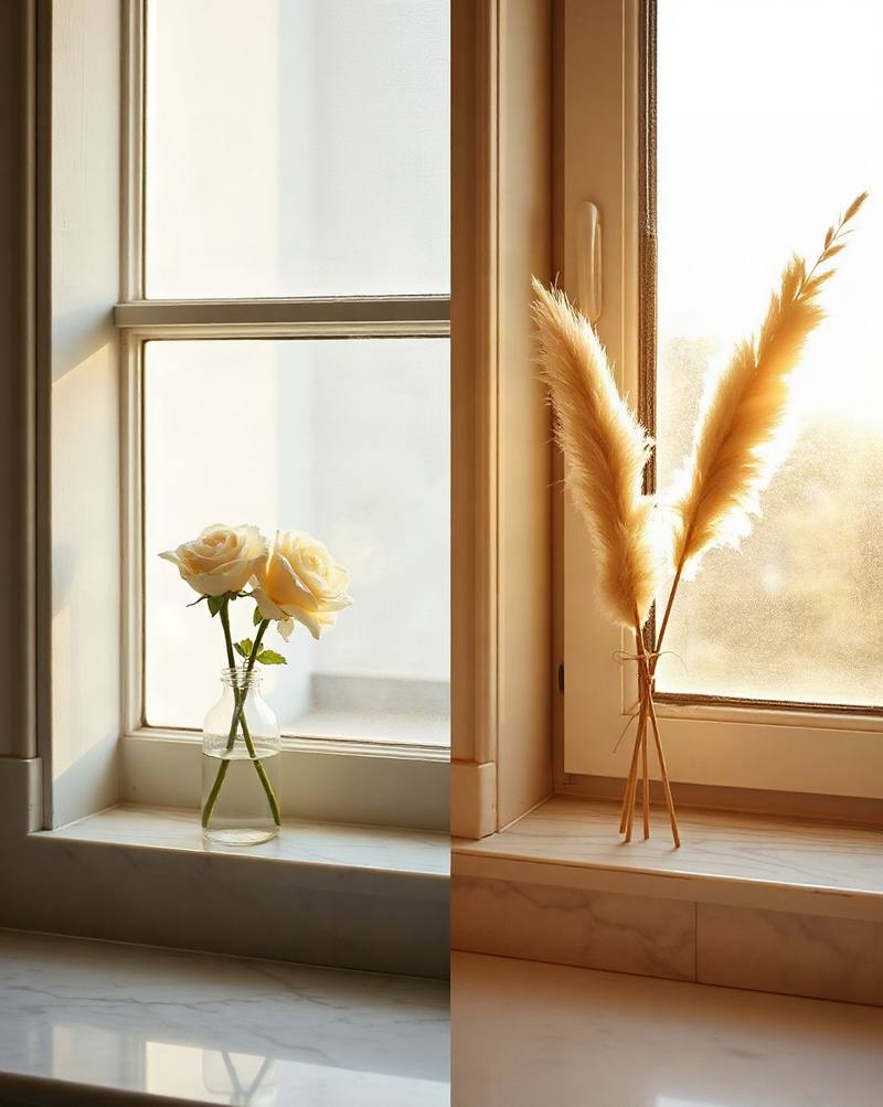Two windowsills with cream roses and pampas grass in glass vases, warm sunlight streaming through windows.