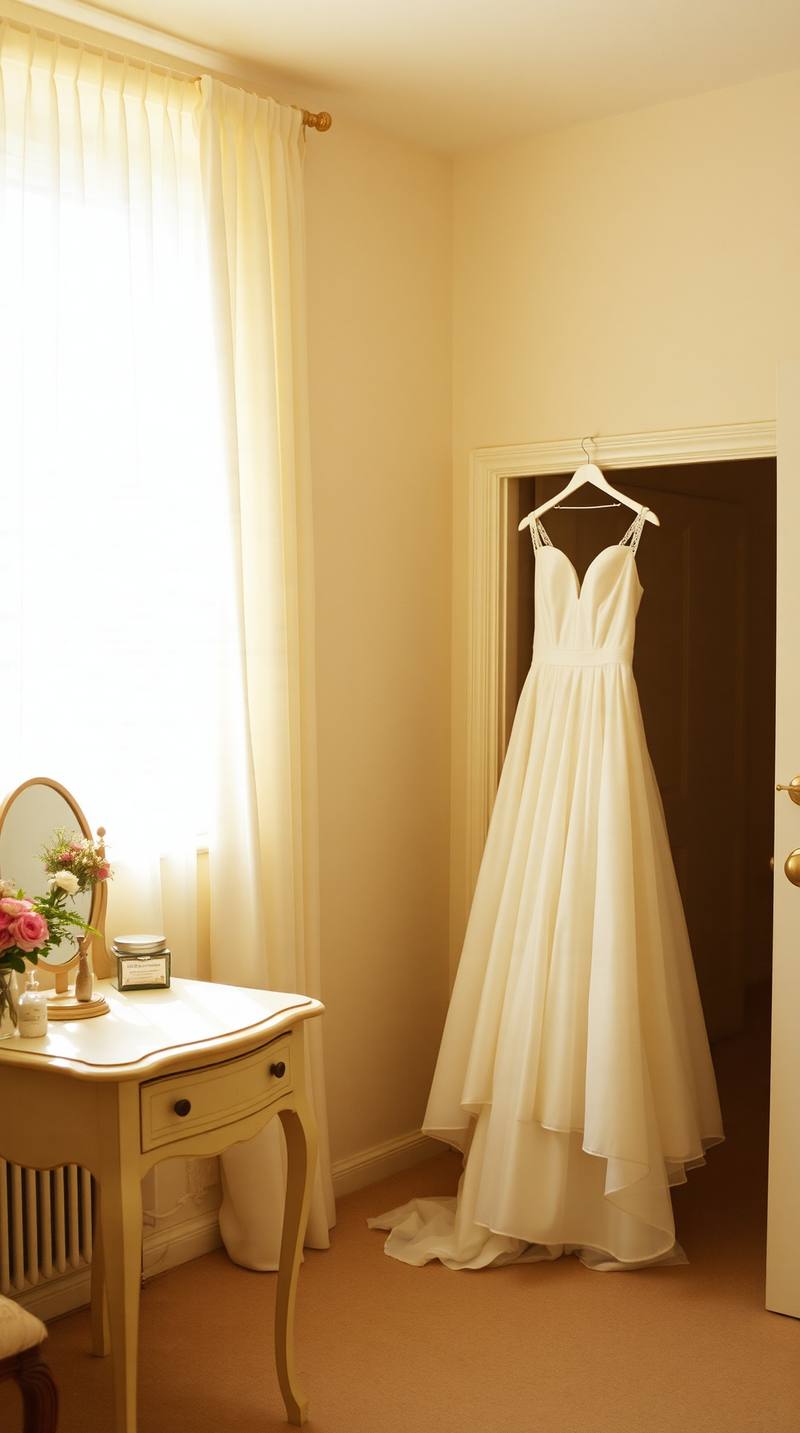 Robe de mariée ivoire suspendue dans une chambre lumineuse et élégante avec miroir