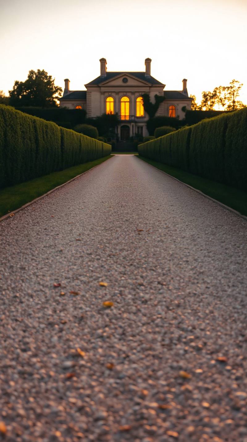 Une allée gravillonnée bordée de haies menant à une demeure illuminée au crépuscule