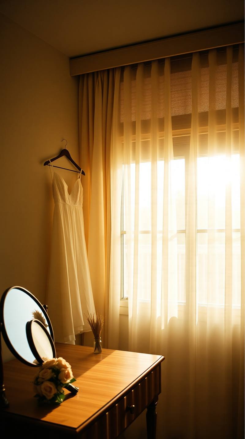 Une robe blanche sur cintre devant une fenêtre inondée de lumière dorée.
