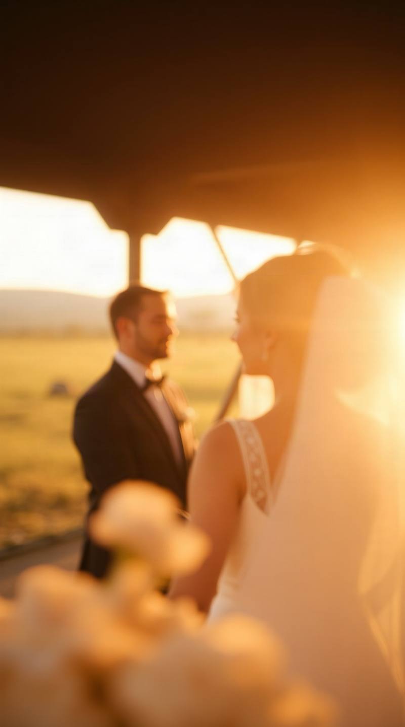 Un couple en tenue formelle sous un voile blanc au coucher de soleil doré.