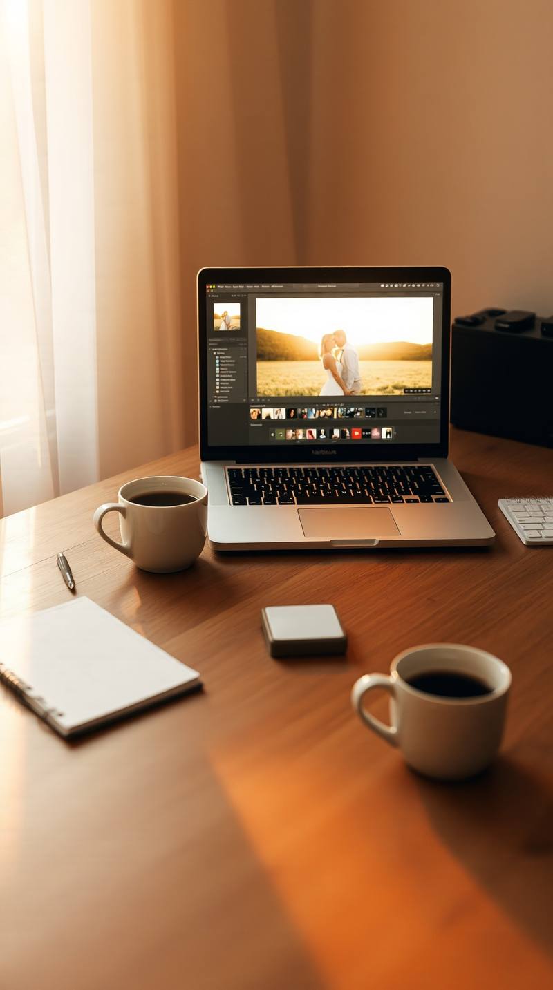 Ordinateur portable affichant des photos sur un bureau en bois avec deux tasses de café et un carnet
