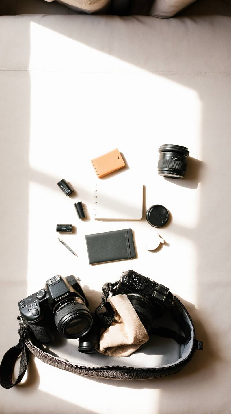 Matériel photographique disposé sur fond blanc avec lumière naturelle : appareil photo, objectifs, batteries et carnets