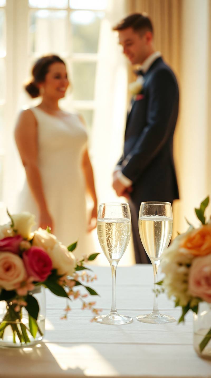 Deux verres de champagne au premier plan avec couple en arrière-plan dans salle élégante.
