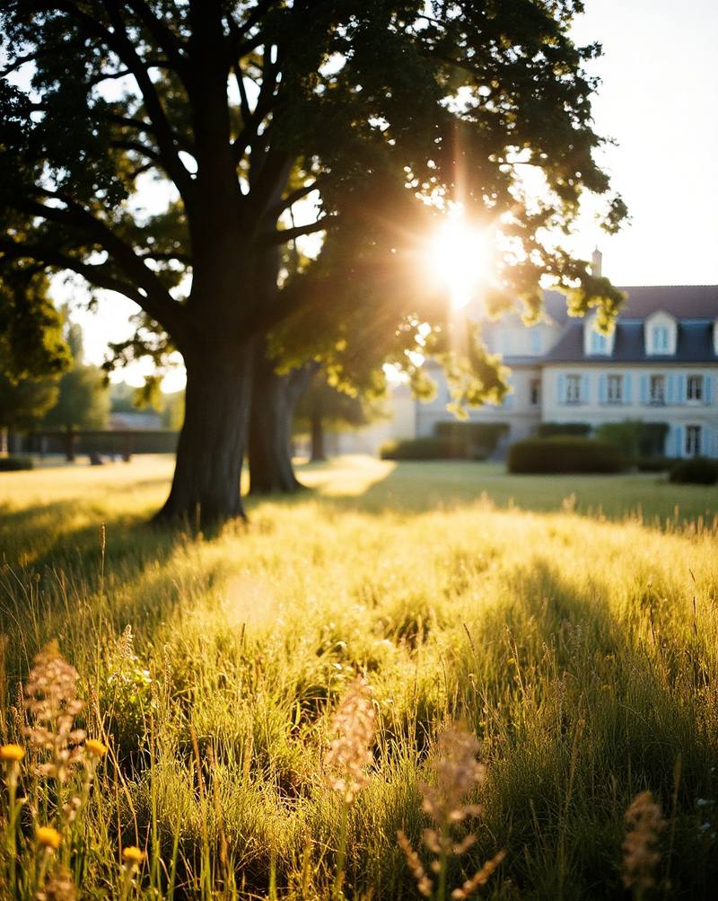 Soleil couchant illuminant un grand arbre dans un champ avec manoir au loin