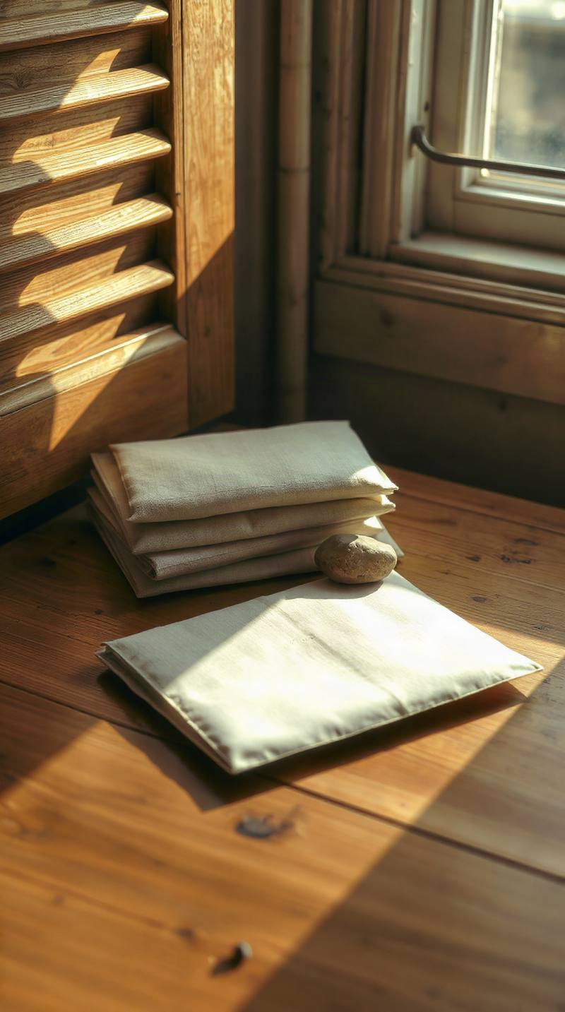 Folded linen fabrics and smooth stone on wooden floor by sunlit window and wooden cabinet.