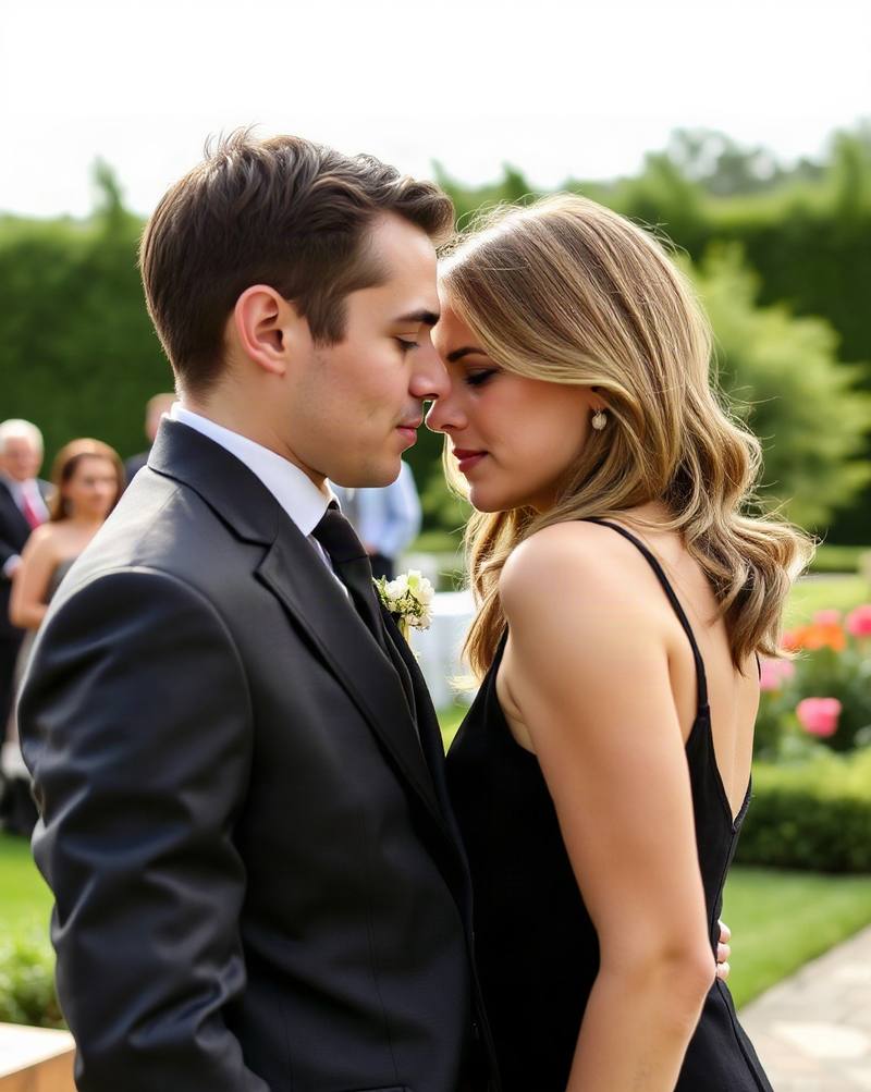 Couple in formal attire sharing a romantic moment in a sunny garden with guests nearby.