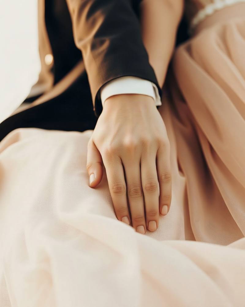Bride's hand with white bracelet resting on cream fabric, wearing black jacket sleeve.
