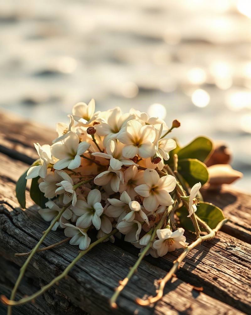 Delicate white flowers clustered on driftwood by the sea at golden hour sunset.